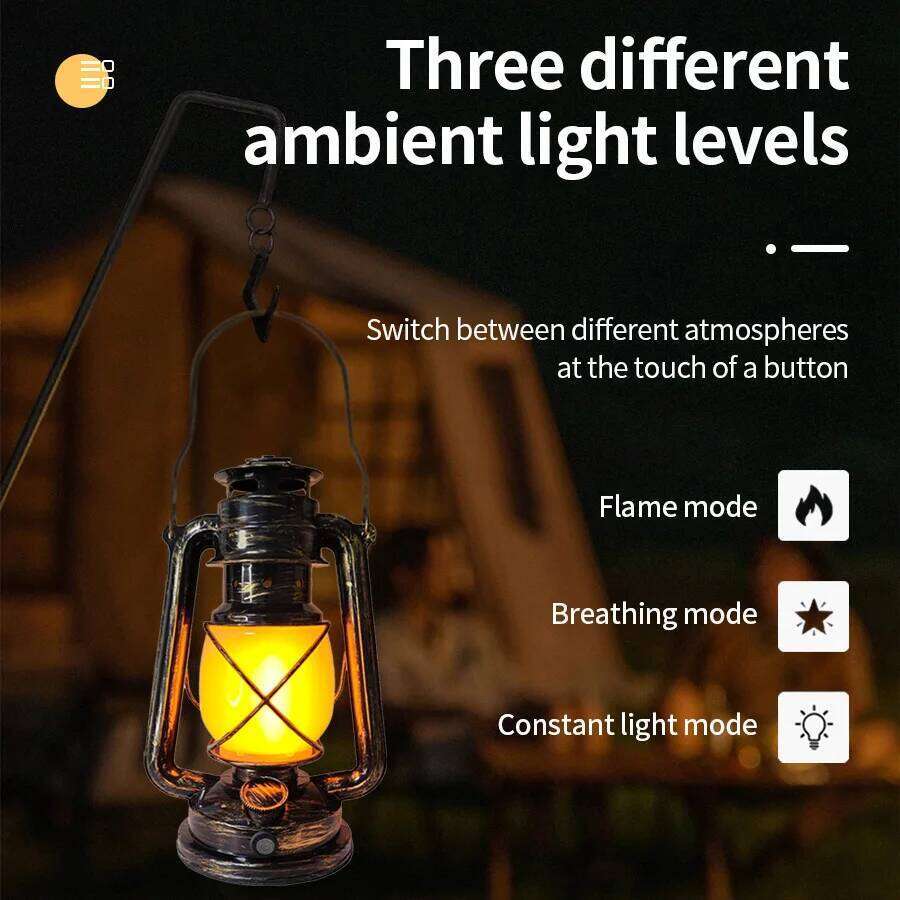 New Lantern Portable Camping with Flame Effect 3 Lighting Mode Vintage Desktop Atmosphere Light USB-C Rechargeable Z260227
