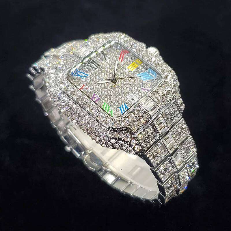 2025 New Luxury Diamond Watch Men Fashion Iced Out Square Colorful Number Watches Hip Hop Bling Jewelry Reloj Hombre for Party 26H0228
