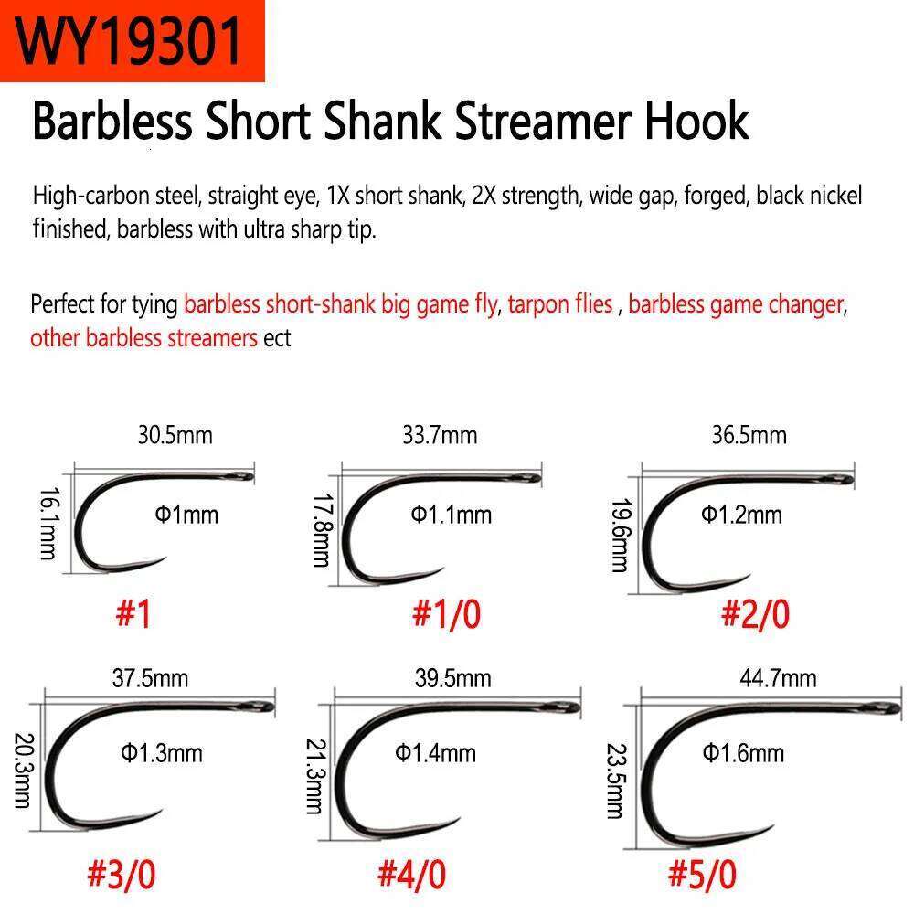 Bimoo 20pcs High Carbon Steel Barb and Barbless Fly Tying Hook For Big Game Streamer Minnow Saltwater Fishing Lure Bait 1/0 5/0 Z260228