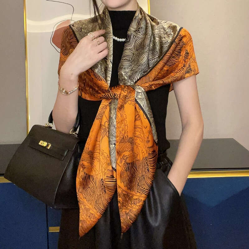 Elegant Orange Square 110 Printed Faux Silk Scarf Women Sun Protection Shawl Suitable As A Gift For Mom