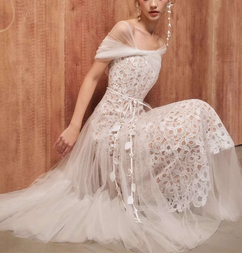 2026 Summer Women's Designer Fashion Brand Elegant Fairy A1 like Shawl Mesh Lace Long Dress