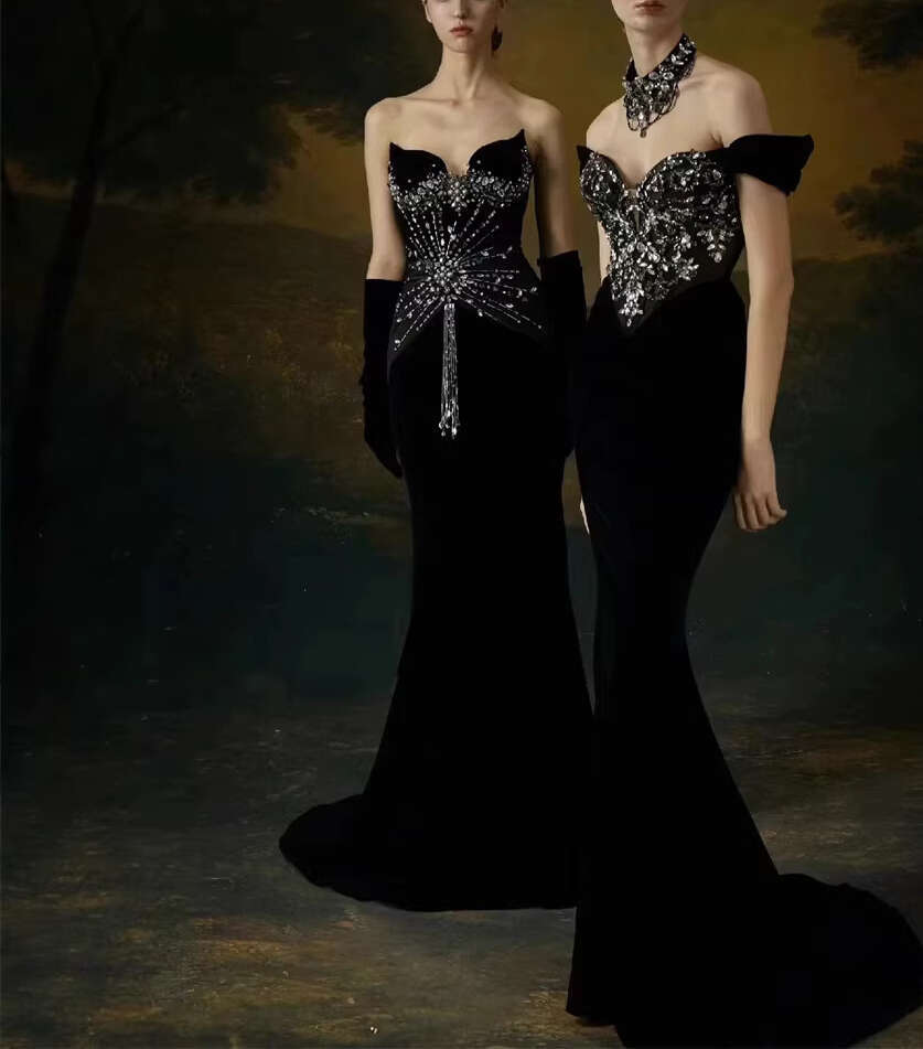 2026 New Women's European and American Fashion Luxury Rhinestone Sexy Strapless Waist Tight a2 Tail Long Evening Dress