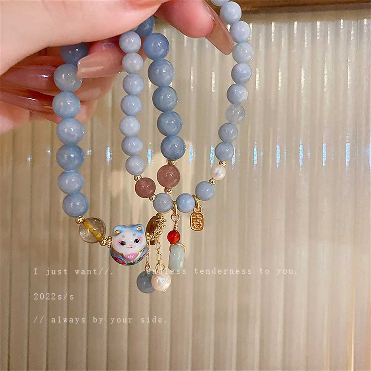 b24 Cat Charm Versatile Lovely Ceramic Woven Bracelet Blue Anime Ins Pendant Rope Chain Ulzzang Cartoon Jewelry Gift Wholesale H260228