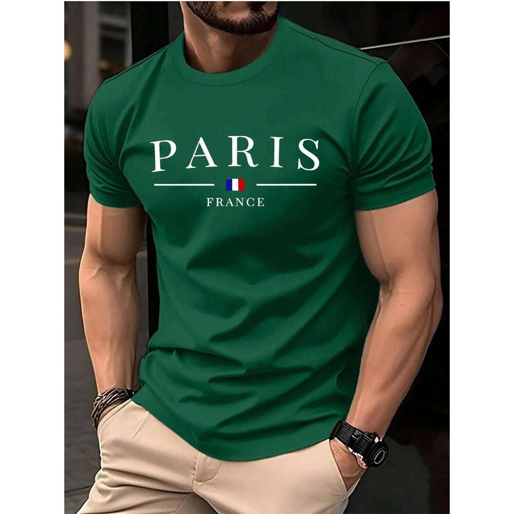 Summer men's 100% pure cotton casual loose plus size Paris French printed sports comfortable round neck short sleeved T-shirt C260228 - view 6