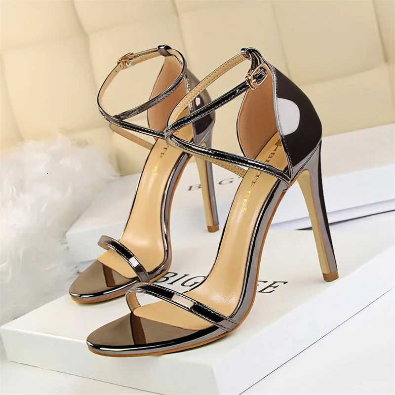 Women Thin High Heels Summer Champagne Gold Open Toe Strap Sandals Roman Pumps Gladiators Hollow Cross Strap Sandals K260228