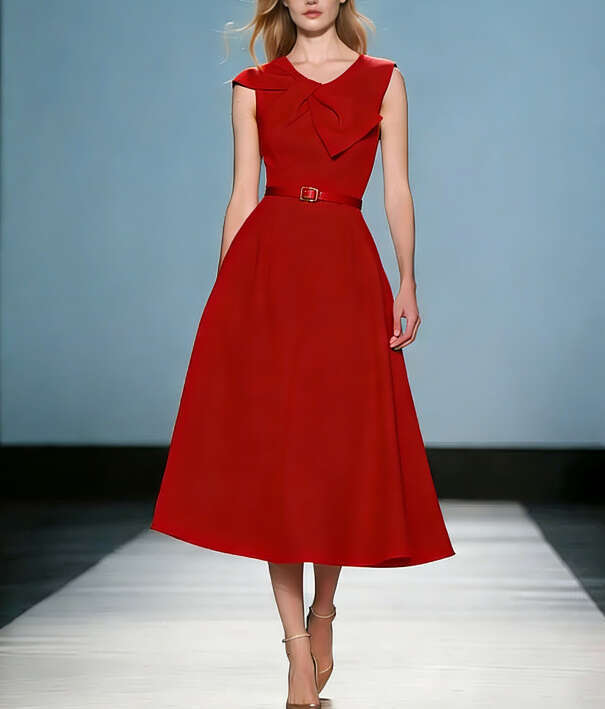 2026 niche a3 elegant gentle temperament commuting Hepburn style bow sleeveless waist tied long skirt solid color long skirt