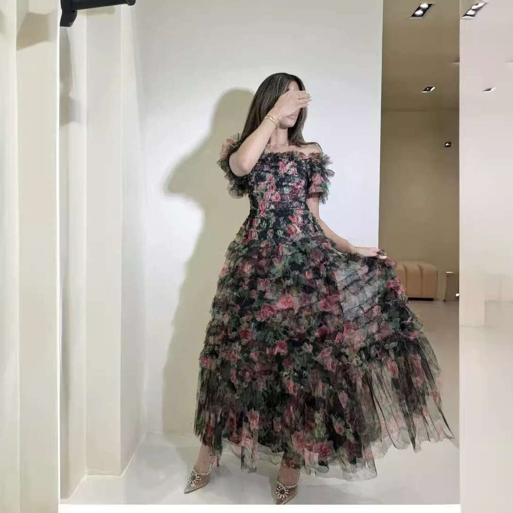 2026 a3 Summer European and American Women's Fashion Designer Women's Off Shoulder Flower Mesh Long Skirt