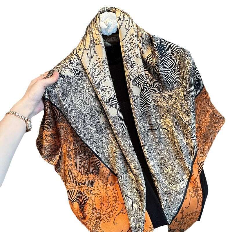 Elegant Orange Square 110 Printed Faux Silk Scarf Women Sun Protection Shawl Suitable As A Gift For Mom