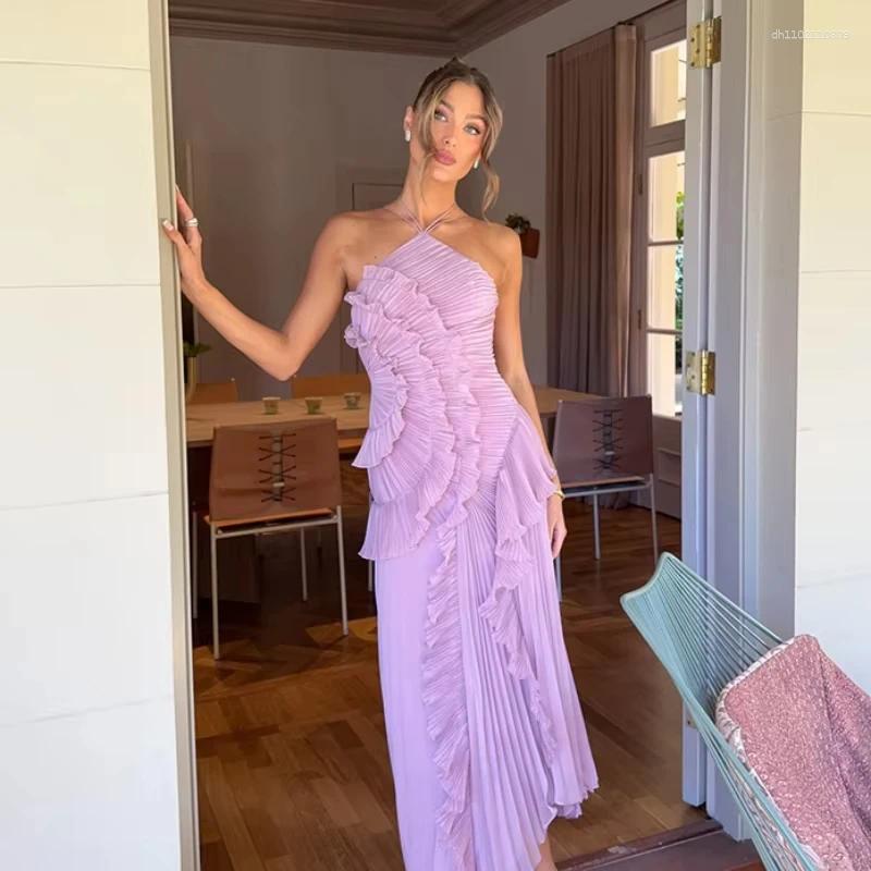 Casual Dresses Elegant Purple Halter A Line Prom Gowns Ruffles Tiered Backless Party Gown Summer Vacation Chiffon Long Evening Dress