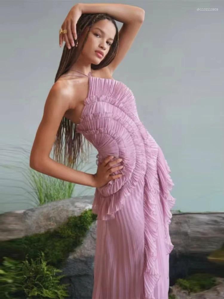 Casual Dresses Elegant Purple Halter A Line Prom Gowns Ruffles Tiered Backless Party Gown Summer Vacation Chiffon Long Evening Dress