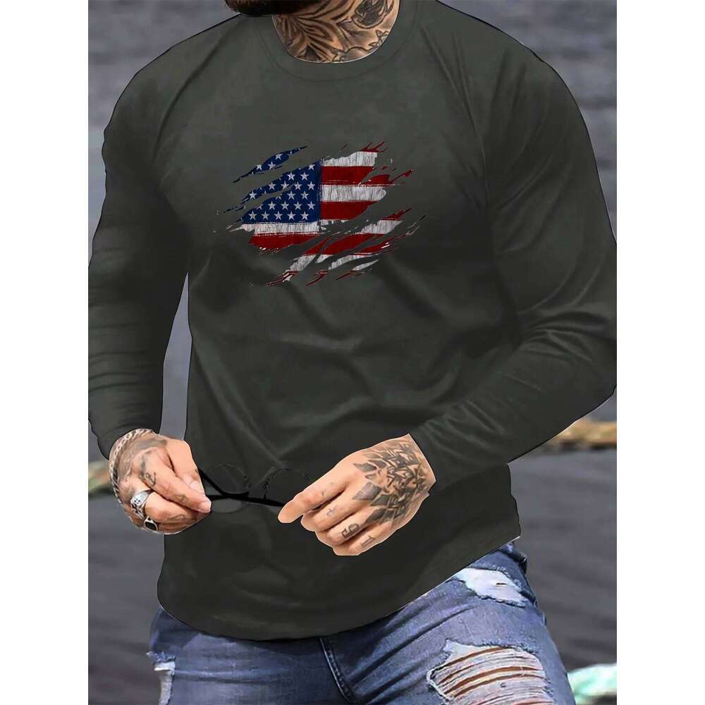 Men's Spring and Autumn 100% Cotton Comfortable Casual American Flag Pattern Printed Round Neck Long Sleeve T-shirt Top C260228 - view 5