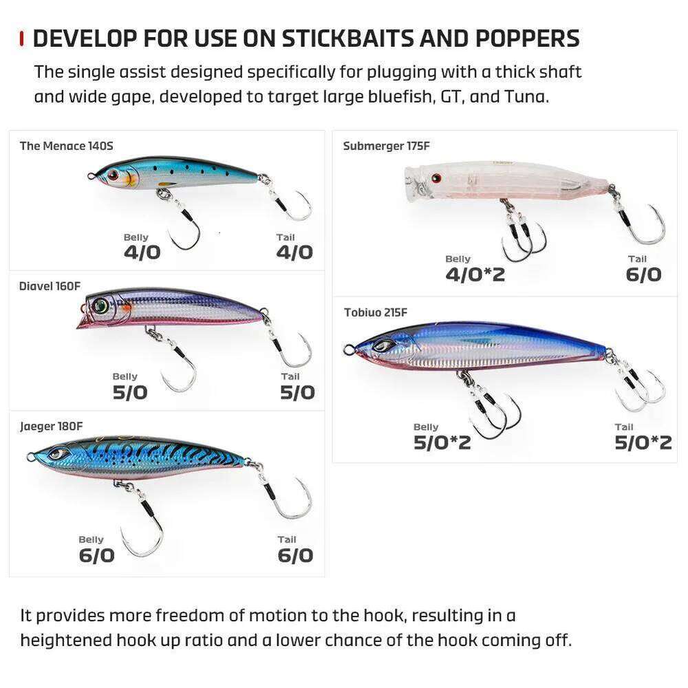 Noeby 5X Strong Hi-Carbon Steel Plugging Inline Assist Hook Big Game Saltwater Lure Target Bluefish GT Tuna Single Hooks Z260228