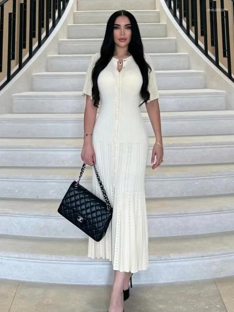 Casual Dresses Women Elegant Knitted Long Dress O Neck Solid Short Sleeved Button High Waist Split Female Fashion Gown