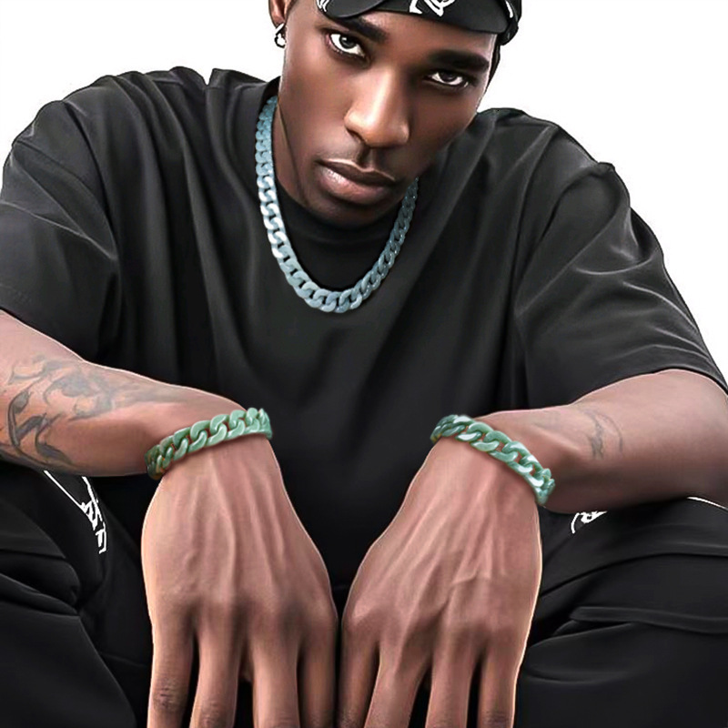 Natural Agrade Jadeite Bean Green Cuban Chain Bracelet Jade Steel Hiphop Style Personality Unisex Trendy Jewelry 250801