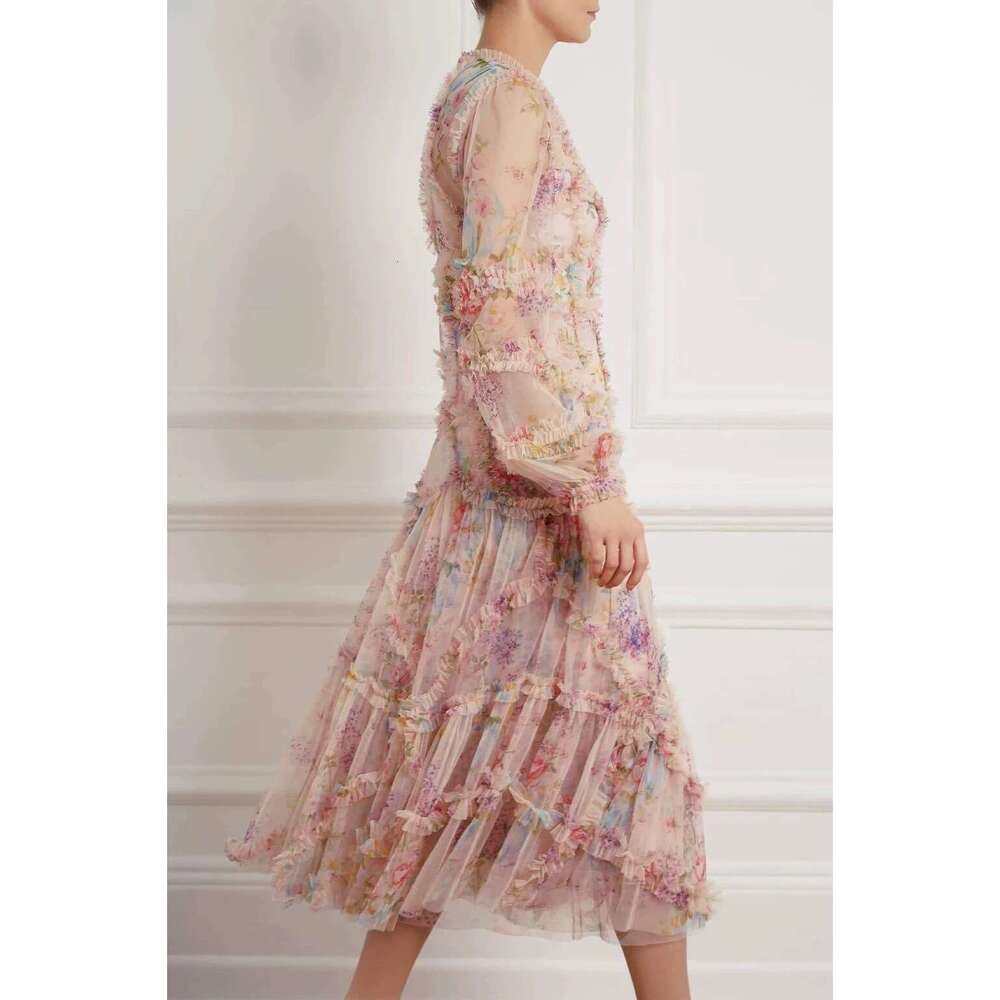 2026 Spring/Summer Women's Fashion Brand Dreamy Flower Mesh Fairy like Elegant Princess Long Dress