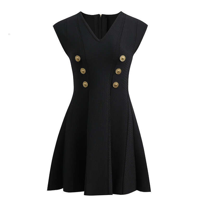 High end a1 French romantic elegant social V-neck metal buckle slim fit fashionable knitted sleeveless dress 2026