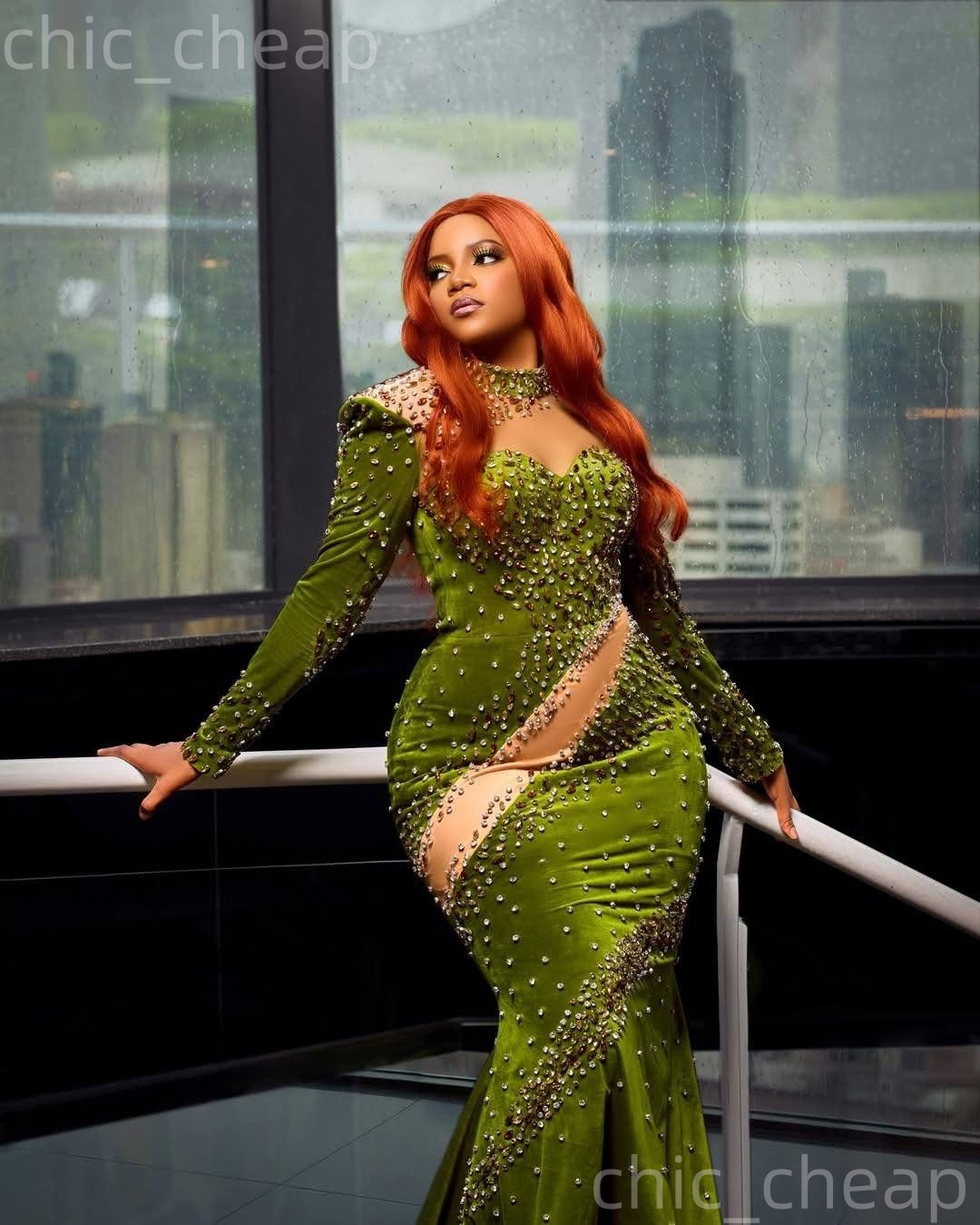 2k26 Green Prom Dress 2026 Mermaid Illusion Beaded Crystals Velvet Evening Dresses For Black Women Birthday Party Formal Receiption Gowns Dresses ZJ07