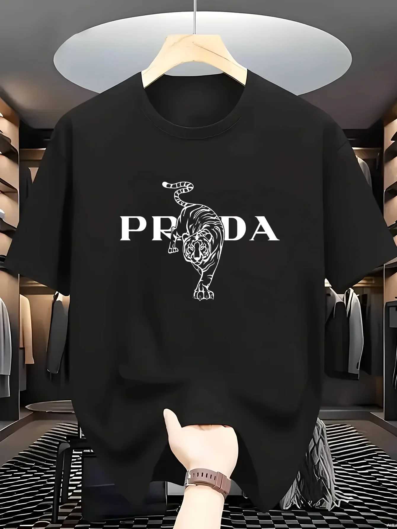 Men's Oversized Tiger Print T-Shirt 100% Cotton Streetwear Summer TopT260228