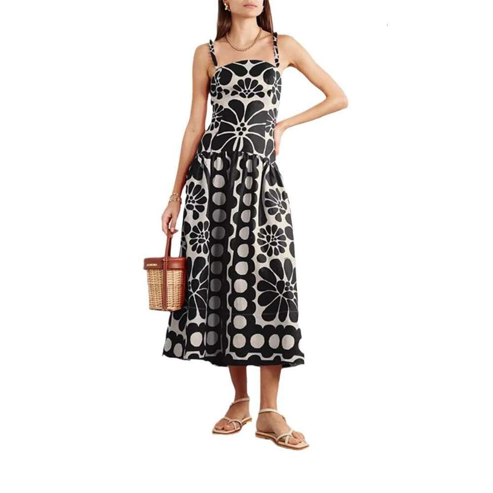 2026 spring/summer a3 European and American niche vacation style goddess temperament printed suspender long skirt paired with flowing skirt