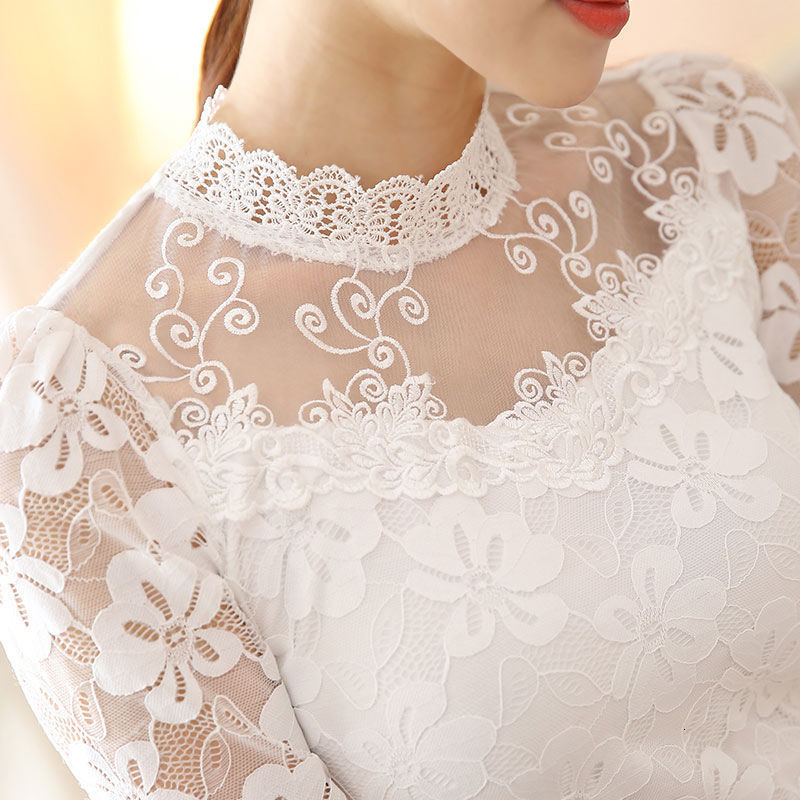 Lace base shirt for women long-sleeved plus-size womens top mesh shirt autumn and winter fleece-lined for plus-size women 210317