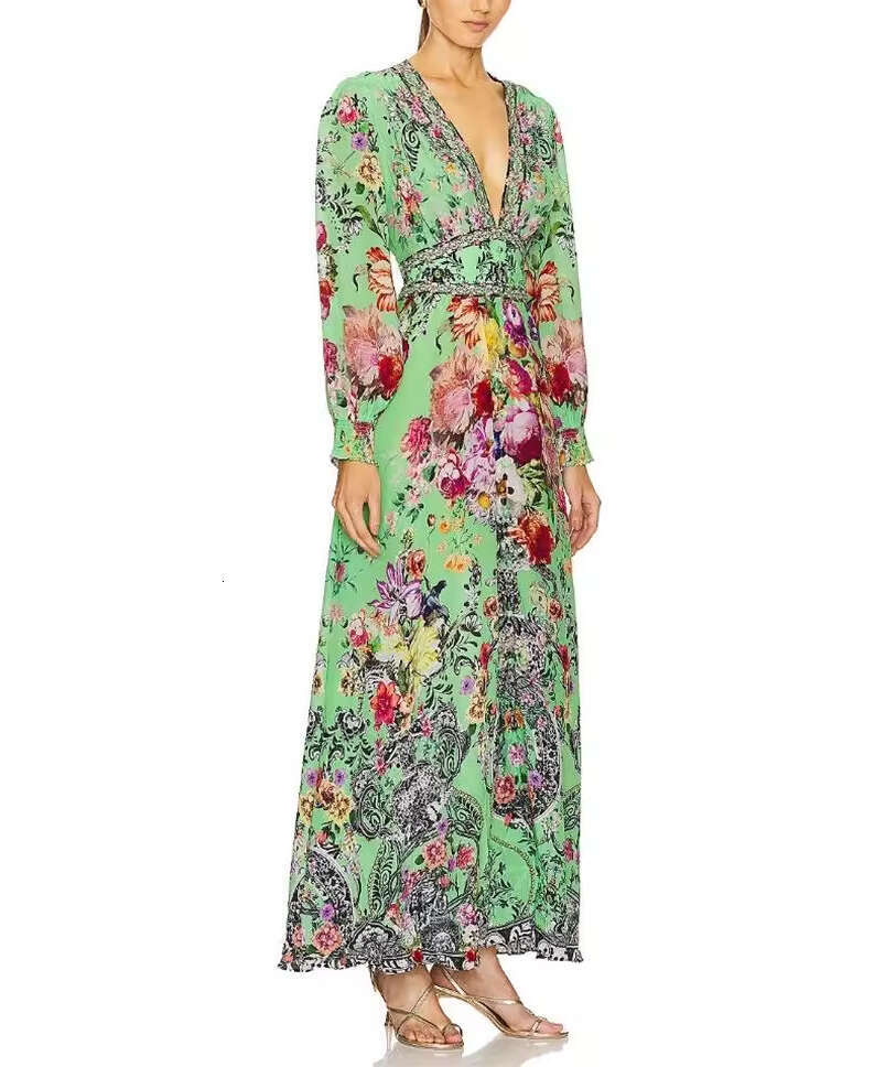 2026 autumn and winter a2 new designer fashion goddess silk print flowing vacation long skirt