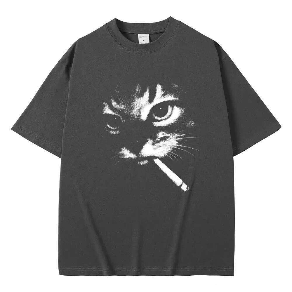 Funny Meme Smoking Cat Face Graphic Men Women Casual Cotton Vintage T Shirts Men's Oversized T-shirts Cats Lovers Gifts C260228 - view 3
