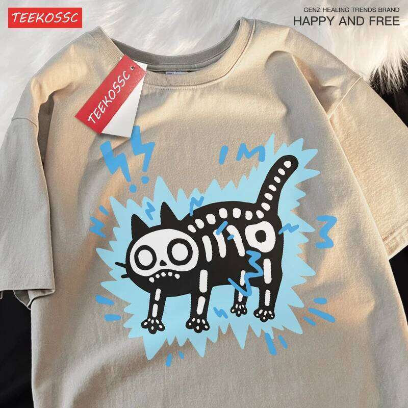 Couple Electric Shock Brand Trendy Pure Cotton Loose Short Sleeve T-shirt Men Women Summer Skull Cat Fun Tee C260228 - view 3