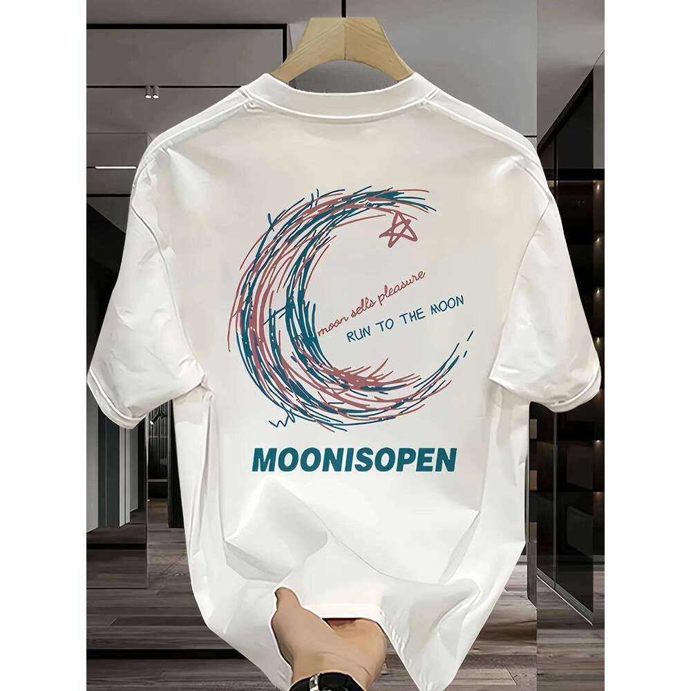 Men's 100% Cotton Graphic T-Shirt - Relaxed summer top with crescent star pattern, breathable crew neck, and relaxed fit C260228 - view 3