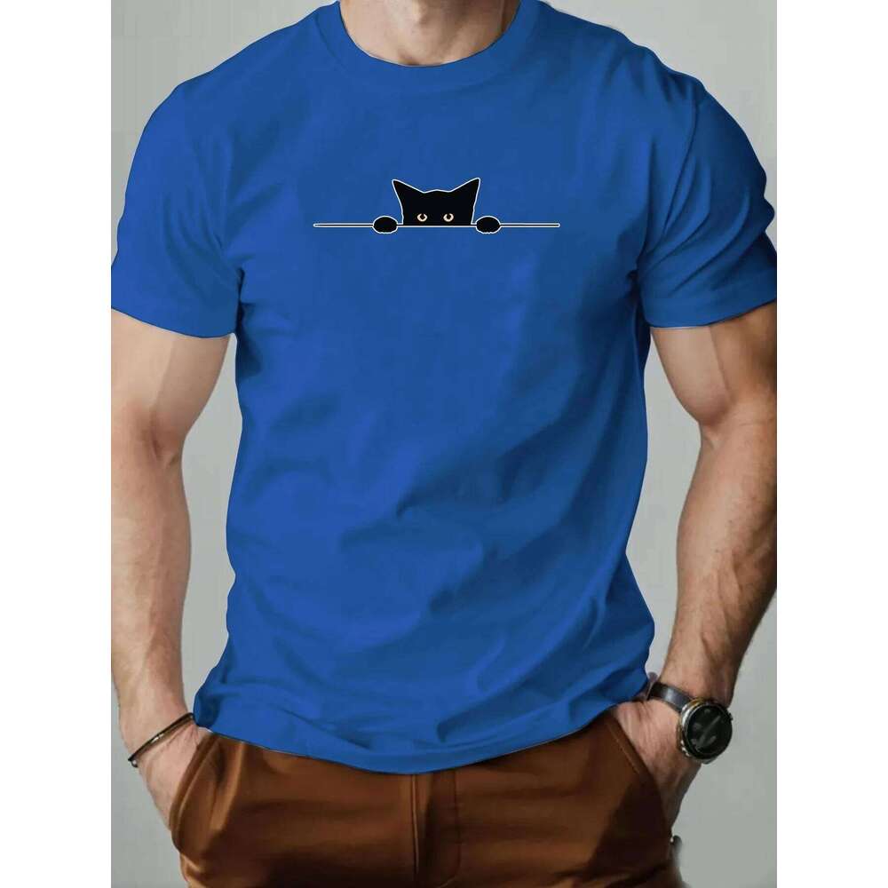Men's Cotton O-Neck T-Shirt 2025 New Arrival Soft Touch Slim Fit Playful Cute Peeking Black Cat Graphic Tee Daily Casual C260228 - view 4