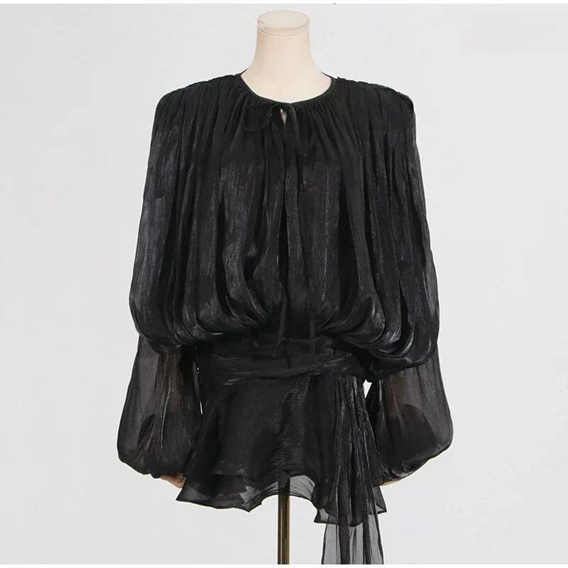 Women's casual dress with chic ruffled edges, mini round neck tie, loose fitting shirt, solid color chiffon vest, 2026 formal dress