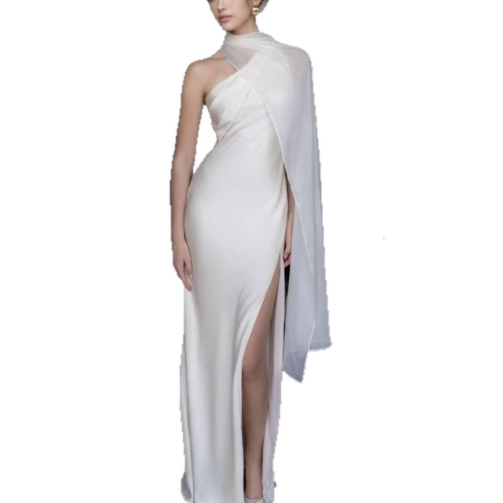 2026 socialite goddess sexy one shoulder sleeveless scarf flowing satin slim slit long skirt