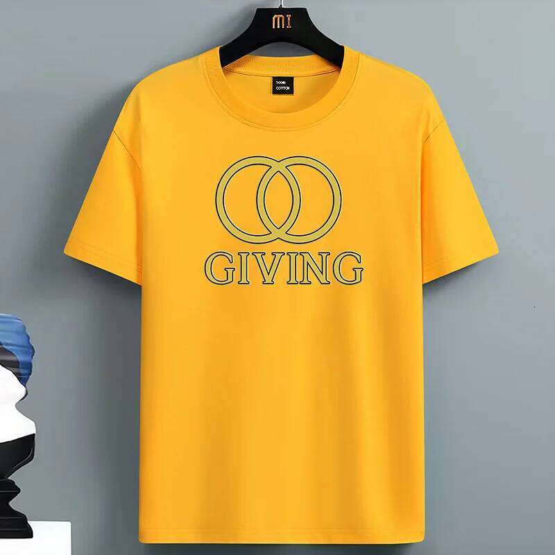 For Men's Round Neck Short Sleeve Cotton Oversized T-Shirt with Gold Double Ring "GIVING" Graphic Print Casual Summer Top C260228 - view 4
