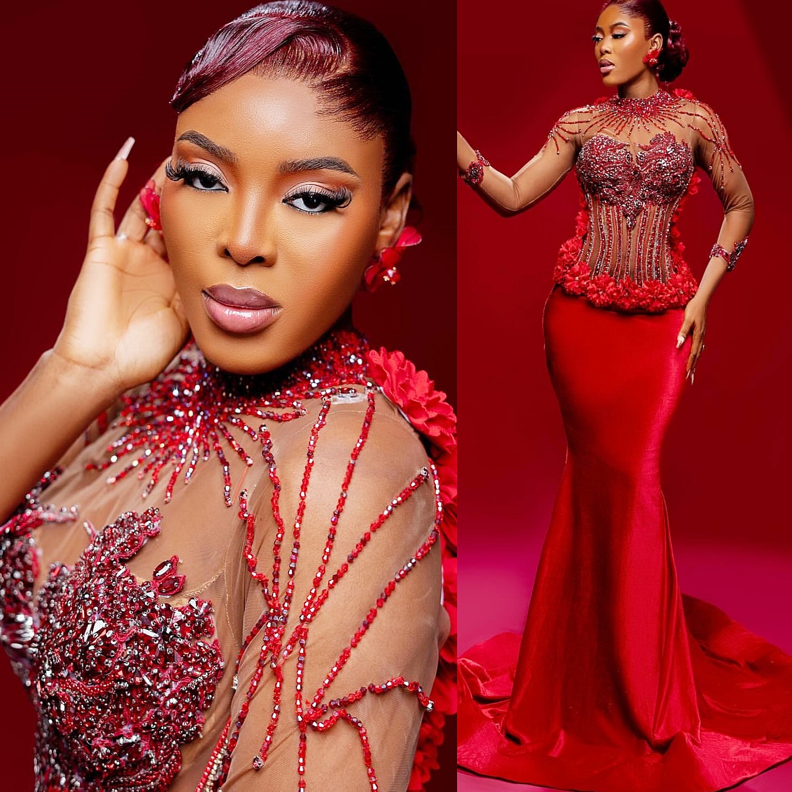 2k26 Red Prom Dress 2026 Mermaid Flowers Crystals Appliques Satin Evening Dresses For Black Women Birthday Party Formal Receiption Gowns Dresses ZJ079