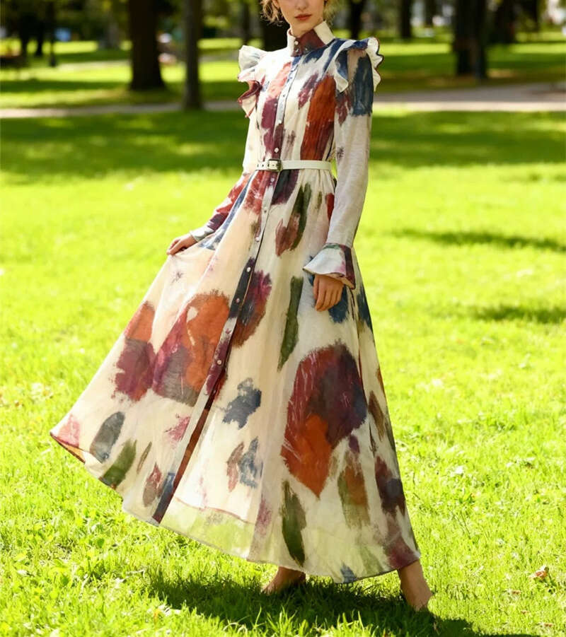 2026 early spring niche fashion design flower loose tie waist long skirt with flowing sleeves a2 and wide hem suitable for vacation