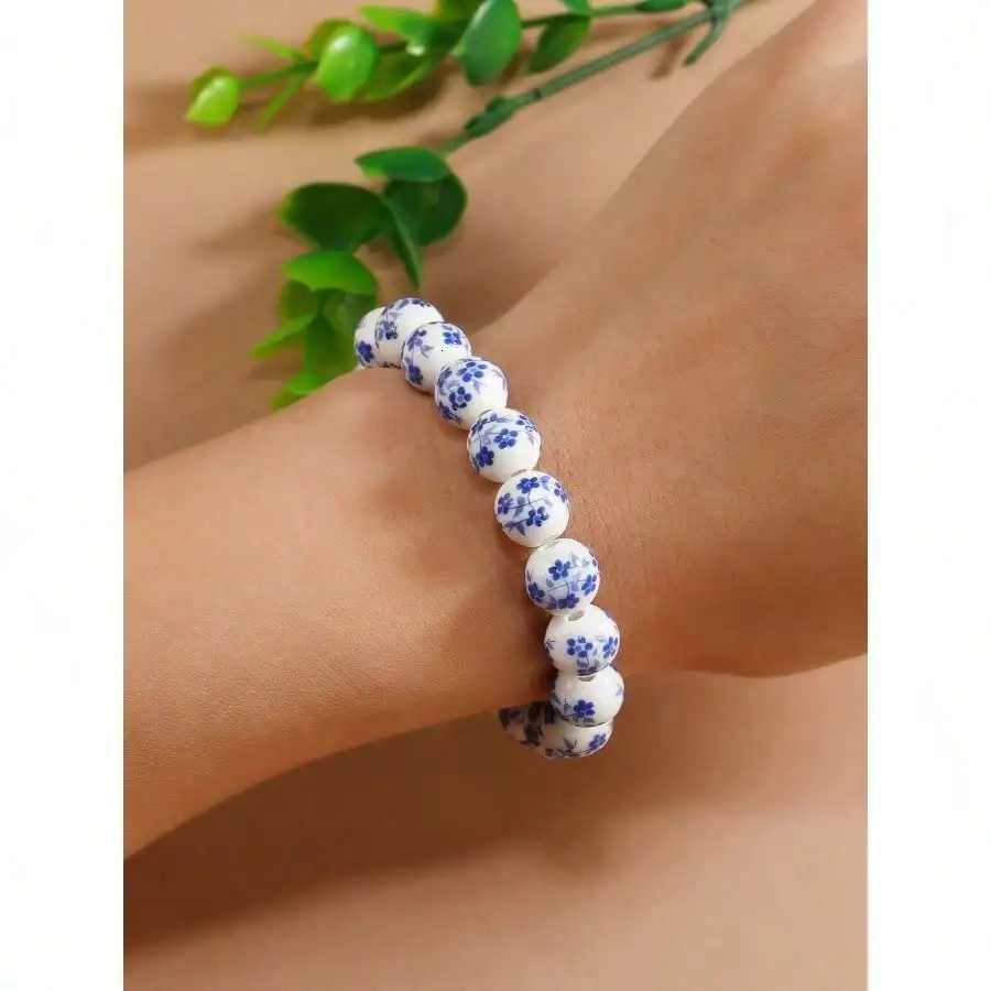 1pc Chinese Blue Floral Ceramic Bead Bracelet For Women - Round Simple Design Fashion Jewelry Perfect For H260228