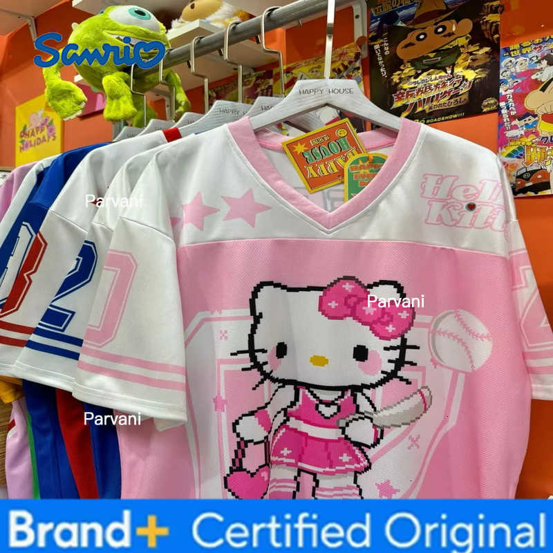 Sanrio Hello Kitty Tshirt Cartoon Sportswear Women Men Girl Boy V-neck Plus Size Casual Lightweight Breathable Streetwear Beach Tops H260228