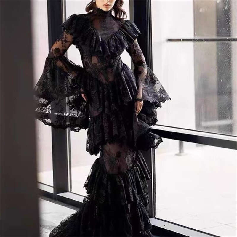2026 autumn/winter new niche design celebrity goddess transparent lace bell shaped sleeves slim a3 fit fish tail long skirt