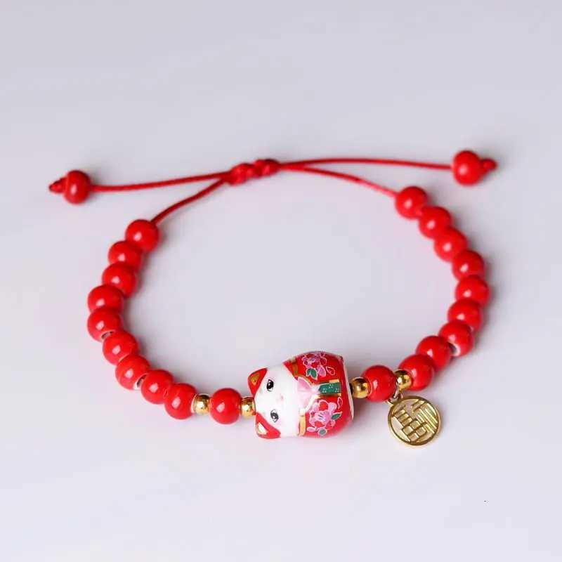 b03 Chinese Style Cute Ceramic Fortune Cat Fu Bracelet Originality Fortune Men Women Red String Bracelet Fashion Jewelry H260228