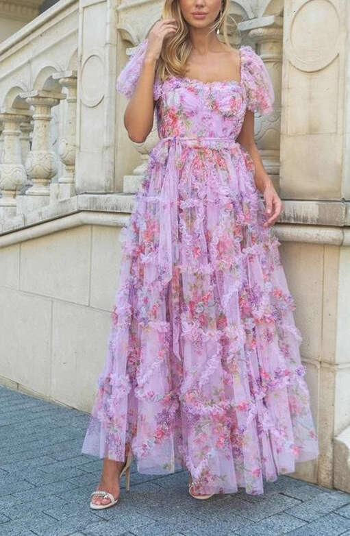 2026 Summer British Fashion Brand Dreamy Printed A1 Mesh Square Neck Bubble Sleeve Speaker Elegant Long Dress