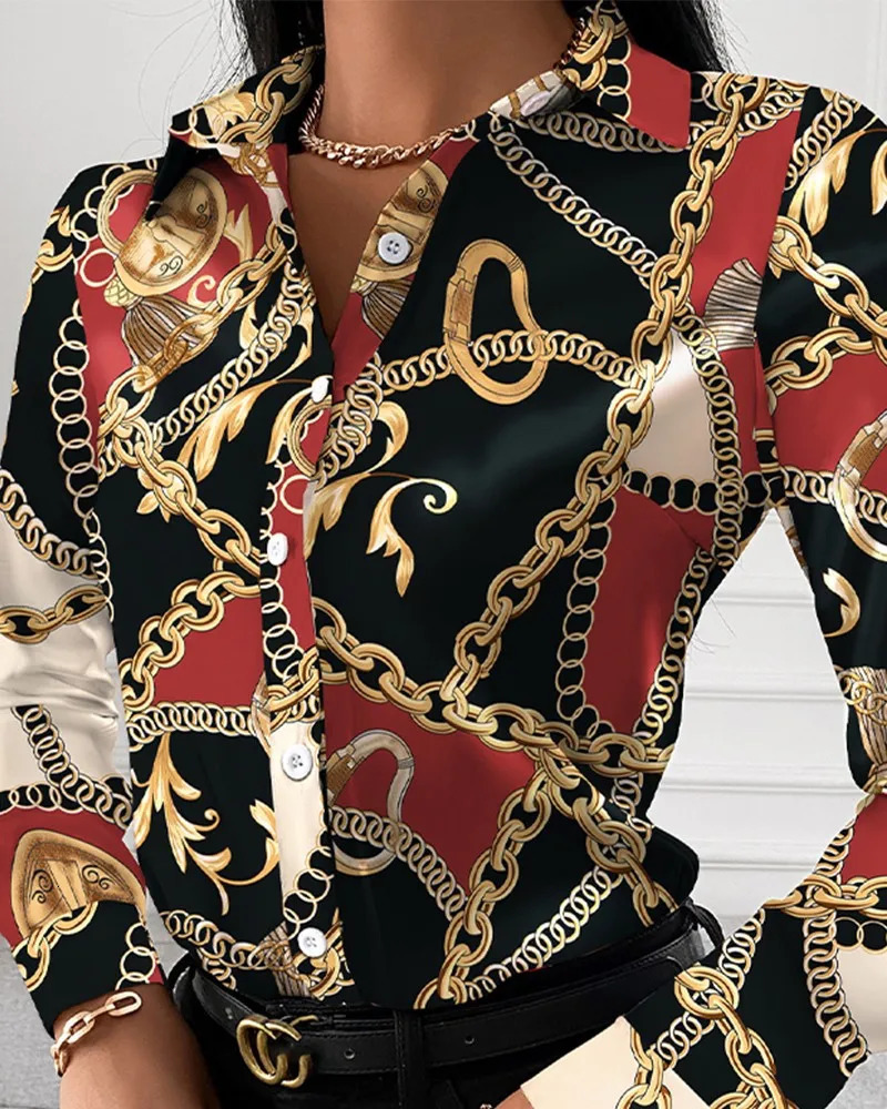 Women Fashion Wild Shirts ChainFloralLetterGeometric Square Print Turn-Down Collar Long Sleeve Blouses 260227 - view 7