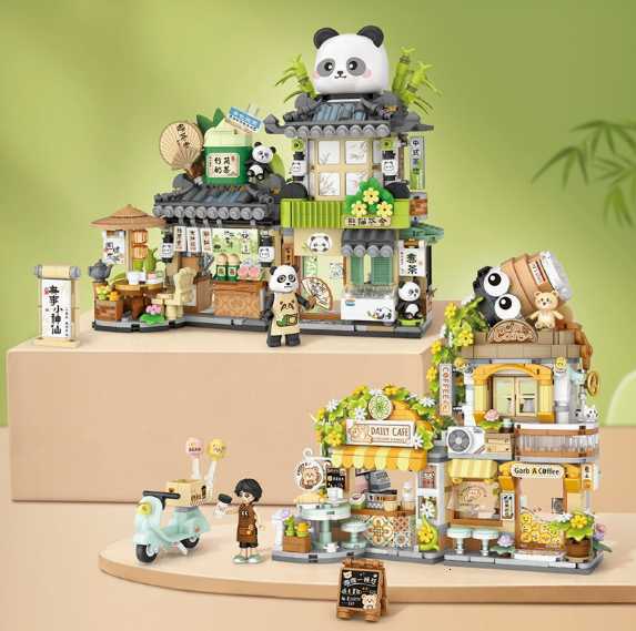 Building blocks panda tea room, little bear coffee shop, street scene architectural model, DIY assembly toy H260228