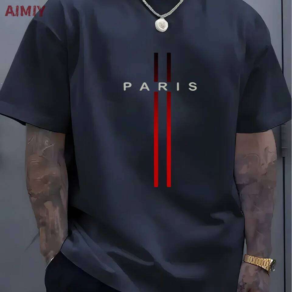 Summer Men's Top Casual Loose Fit Oversized T-shirt PARI Letter Pattern Printed Round Neck Short Sleeved Homme Vtement C260228 - view 3