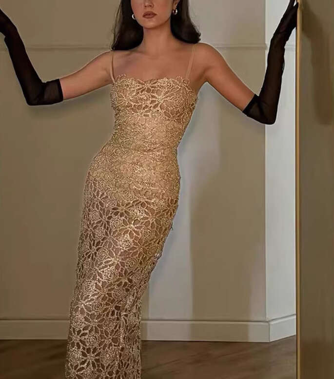 2026 a2 spring niche fashion brand gold thread flower lace goddess style sexy slim fit long skirt