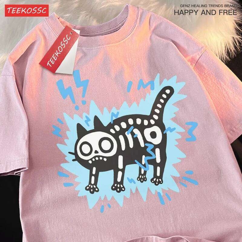 Couple Electric Shock Brand Trendy Pure Cotton Loose Short Sleeve T-shirt Men Women Summer Skull Cat Fun Tee C260228 - view 6