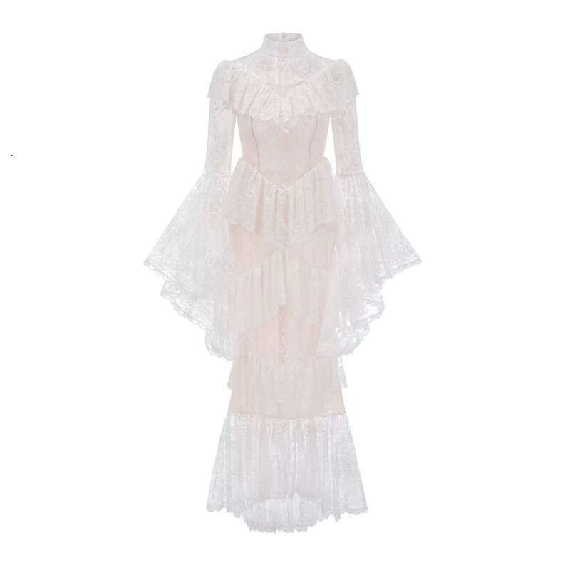 2026 autumn/winter new niche design celebrity goddess transparent lace bell shaped sleeves slim a3 fit fish tail long skirt