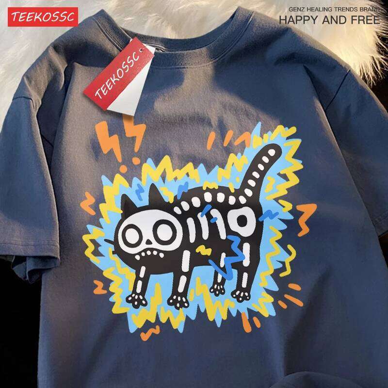 Couple Electric Shock Brand Trendy Pure Cotton Loose Short Sleeve T-shirt Men Women Summer Skull Cat Fun Tee C260228 - view 5