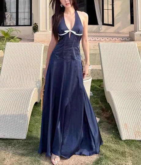 2026 new designer style sexy goddess lace up backless collar V-neck waist cinching A1 slim flowing dress