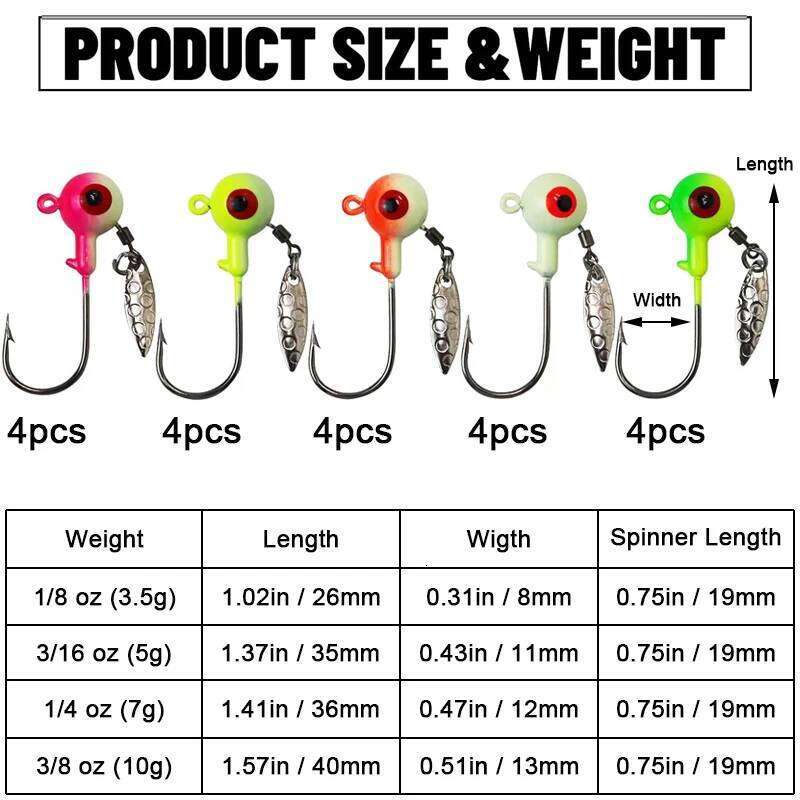 20pcs Underspin Heads Crappie Bass Jig Hook Lure 1/8 3/16 1/4 3/8 oz Accessories Fishing Supplies Glow In The Dark Z260228