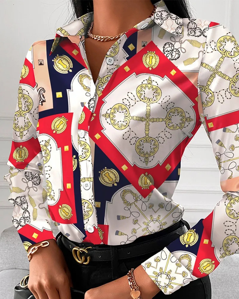 Women Fashion Wild Shirts ChainFloralLetterGeometric Square Print Turn-Down Collar Long Sleeve Blouses 260227 - view 5