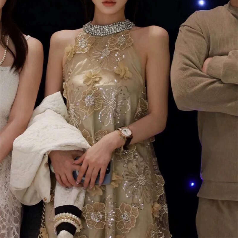 2026 luxurious a3 and elegant dress with heavy sequin embroidery, 3D flower decals, champagne gold rhinestone